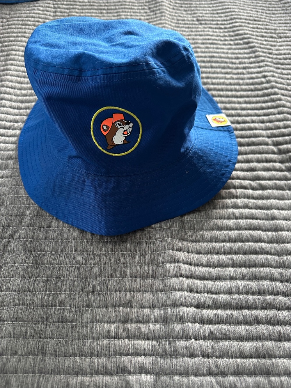 Blue Bucket Hat with Embroidered Cartoon Patch